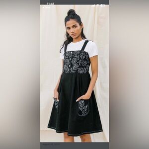 S Denim Floral Blockprint Pinafore Dress